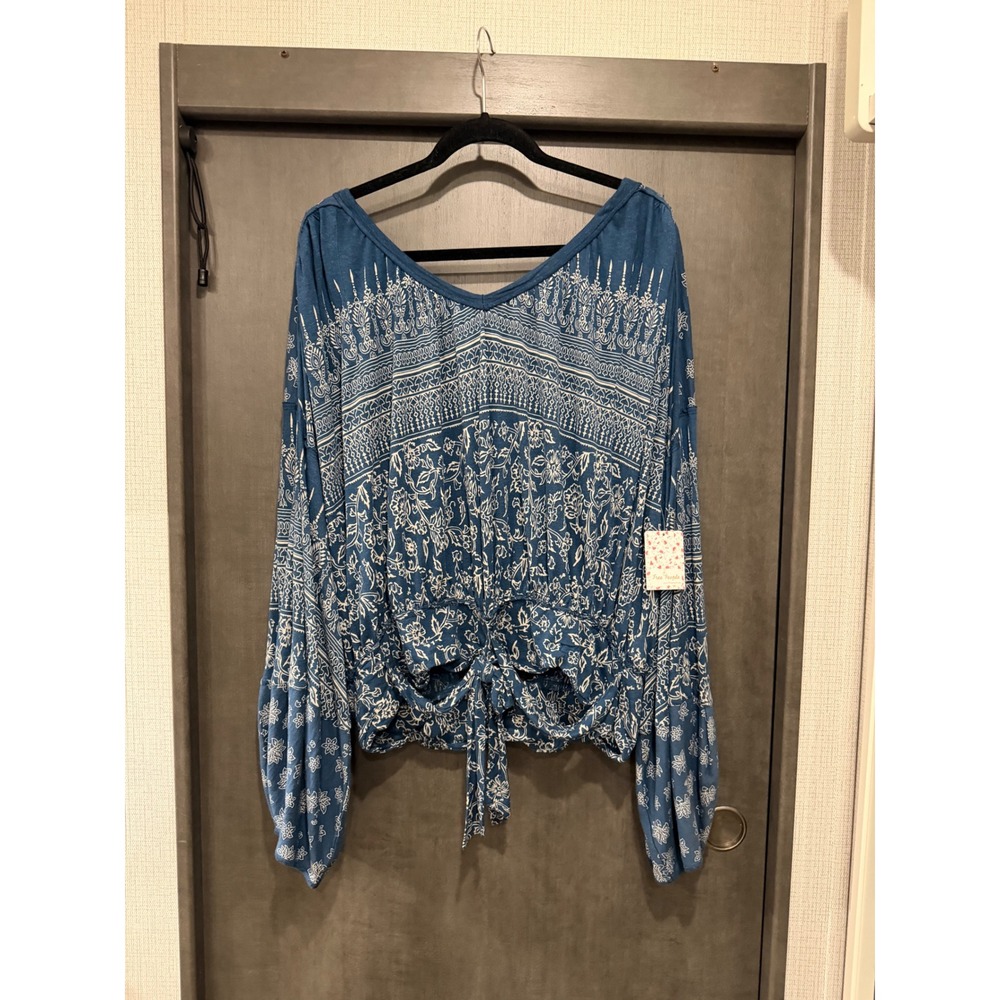 Free People Top Women Large Blue Floral Open Back Balloon Sleeve Boho Tie Blouse